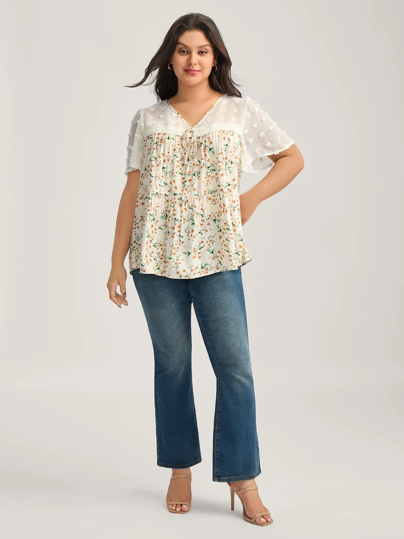 Floral Print Lace Sheer Sleeve Blouse