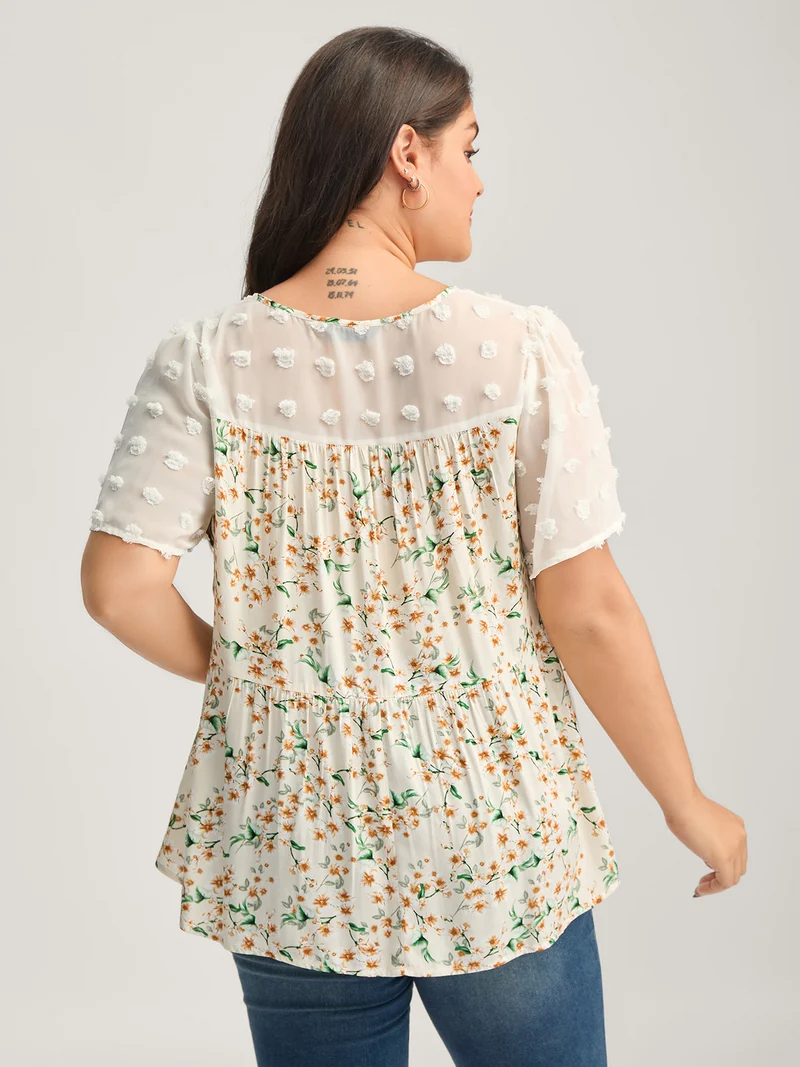 Floral Print Lace Sheer Sleeve Blouse