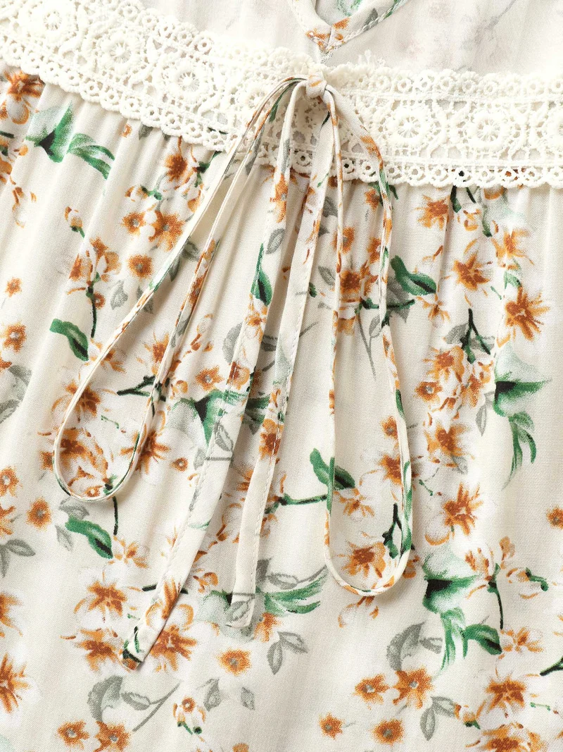 Floral Print Lace Sheer Sleeve Blouse