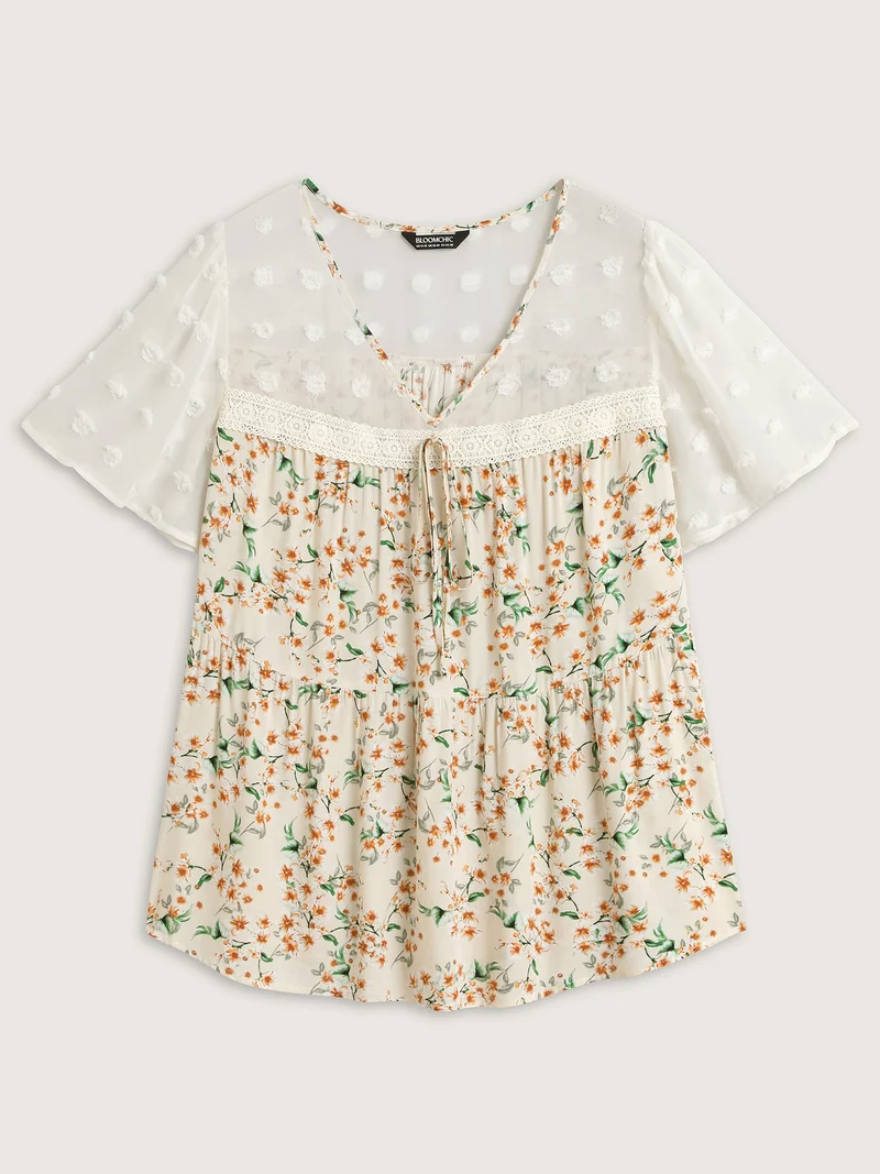 Floral Print Lace Sheer Sleeve Blouse