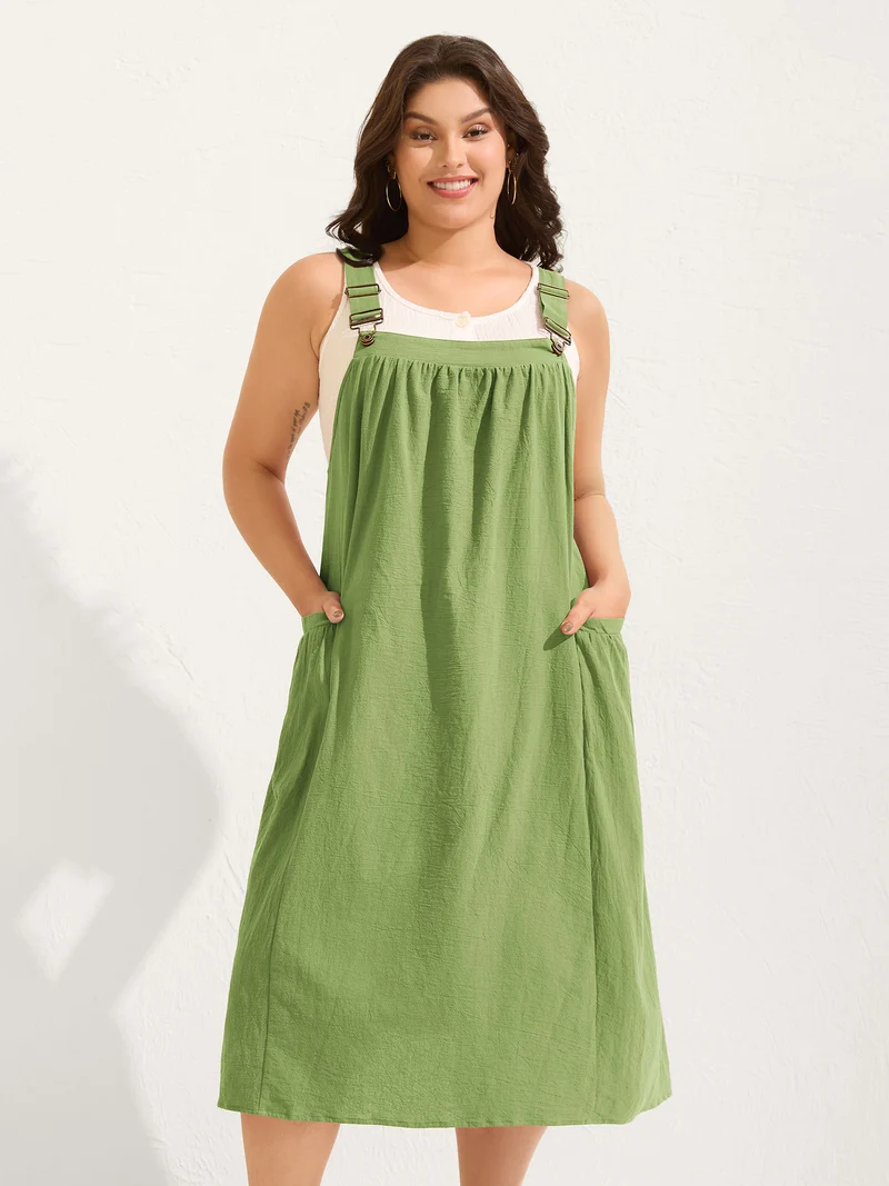 Pure Cotton Pleated Pockets Midi Dress