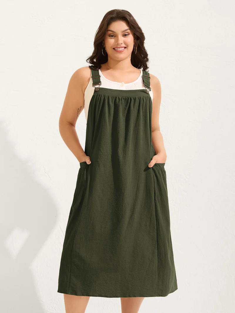 Pure Cotton Pleated Pockets Midi Dress