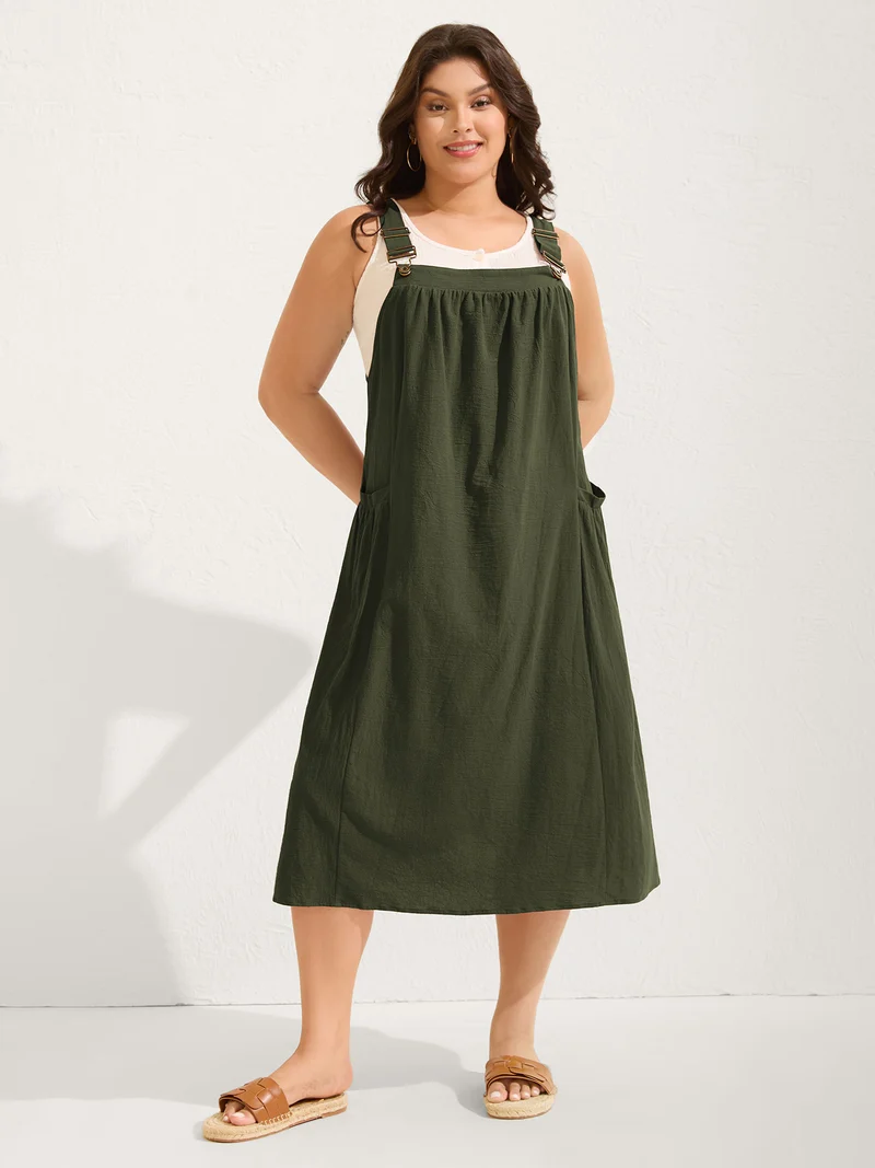Pure Cotton Pleated Pockets Midi Dress