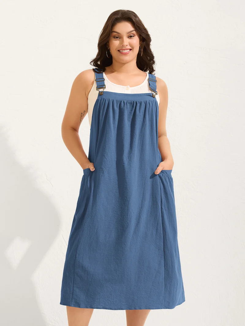 Pure Cotton Pleated Pockets Midi Dress