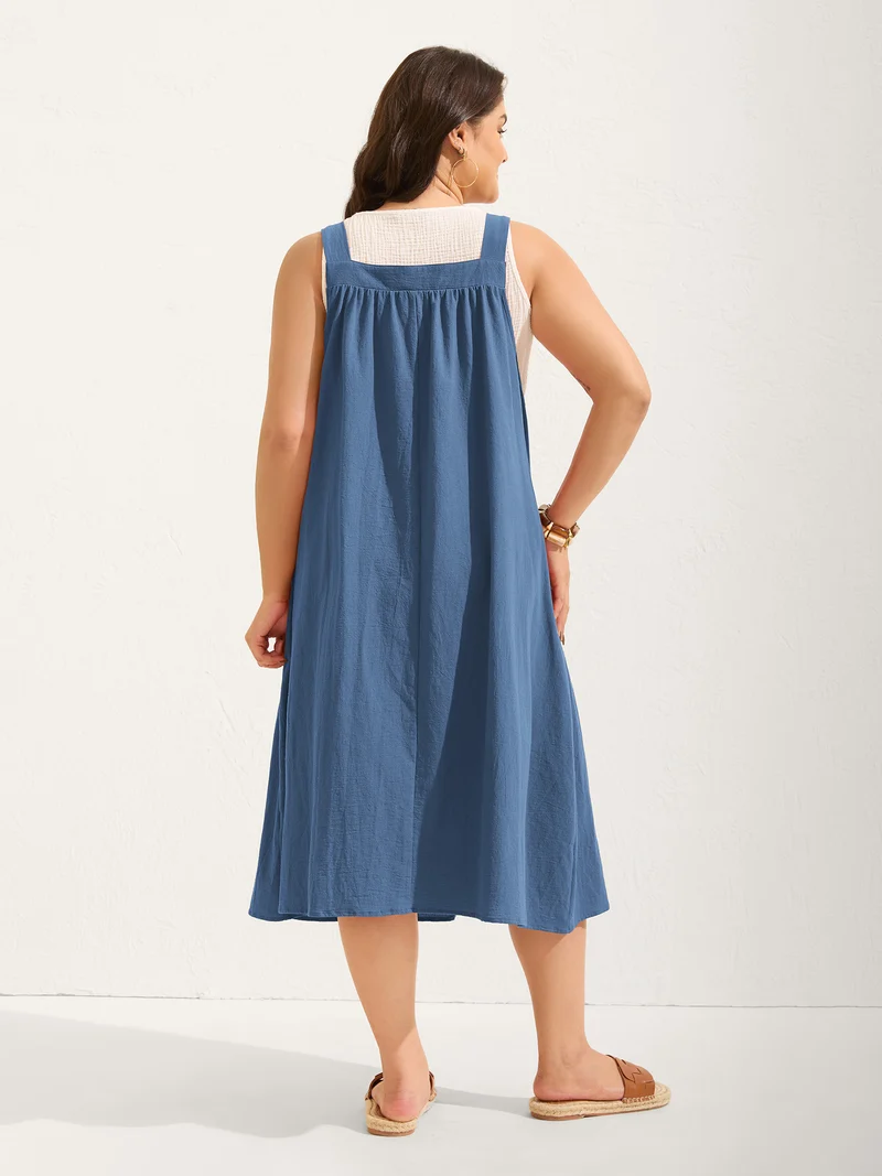 Pure Cotton Pleated Pockets Midi Dress