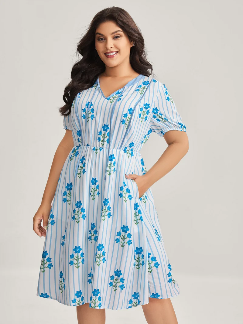 Stripe Floral Notched Neck Tie Midi Dress
