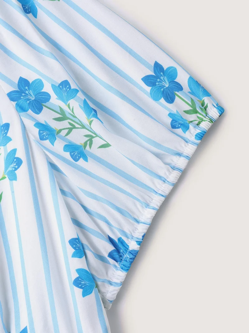 Stripe Floral Notched Neck Tie Midi Dress