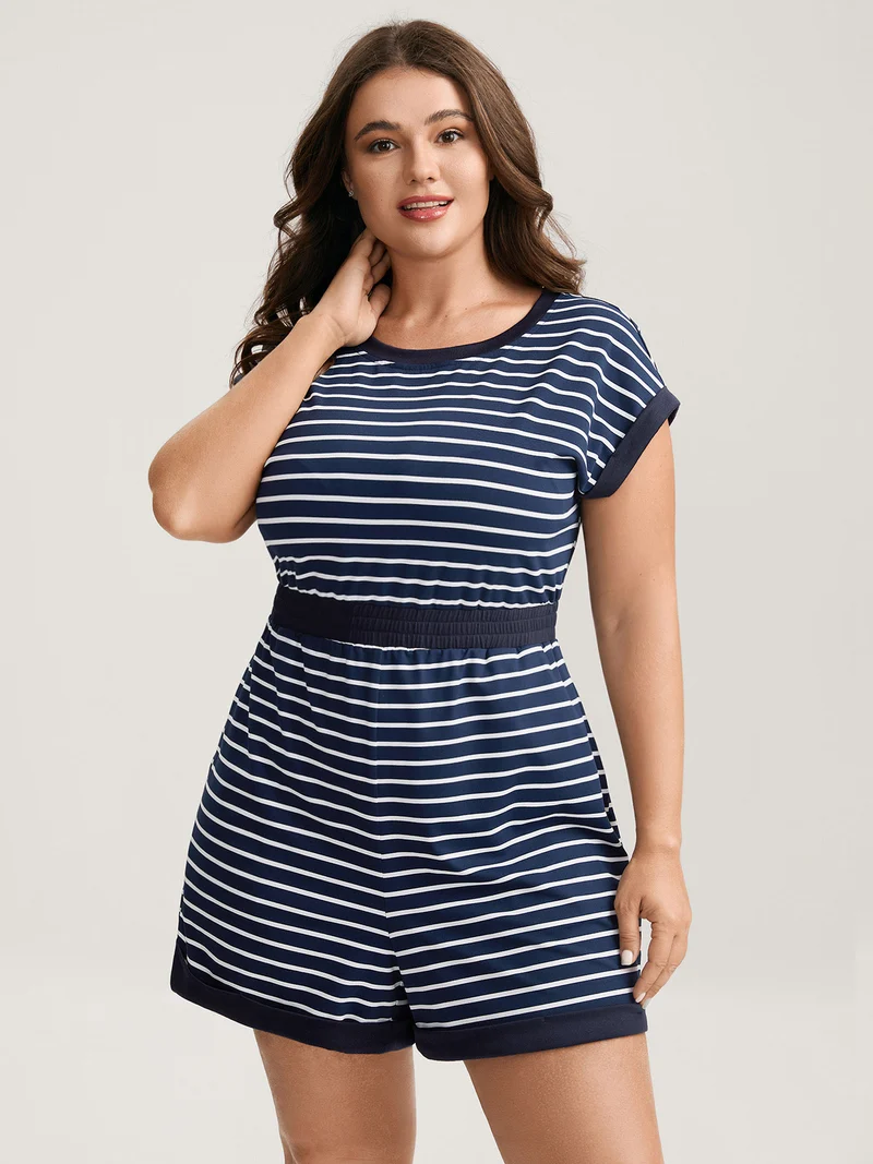 Stripe Color Contrast Round Neck Romper