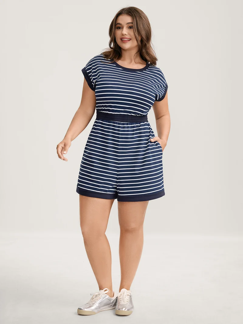 Stripe Color Contrast Round Neck Romper