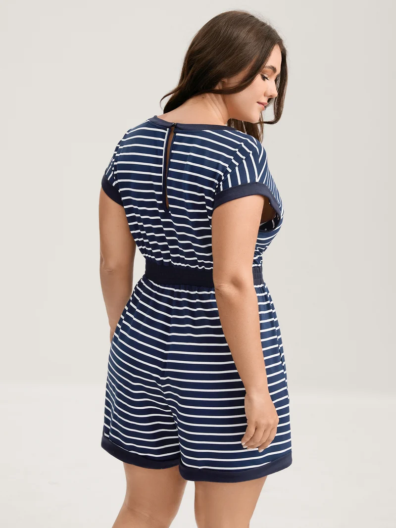 Stripe Color Contrast Round Neck Romper