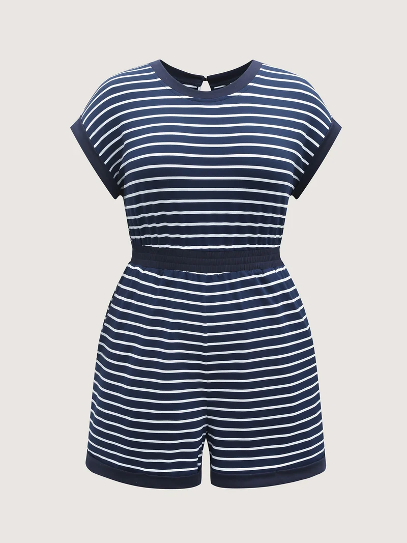Stripe Color Contrast Round Neck Romper