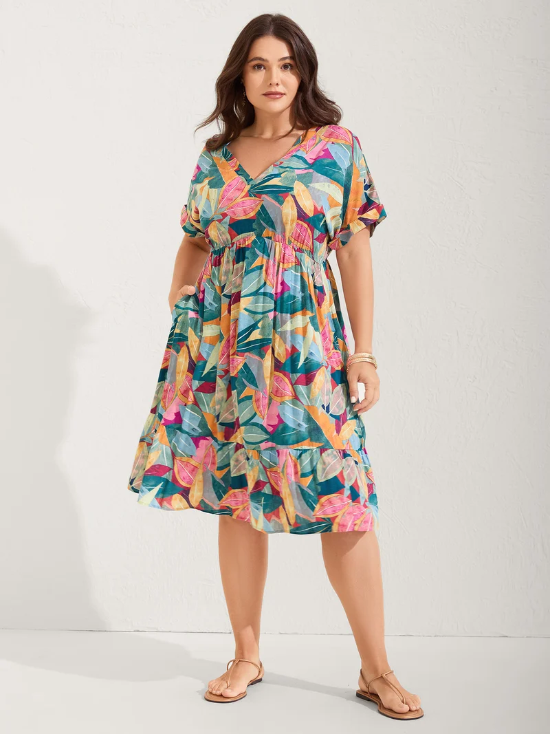 Rayon Leafy Print Pockets Midi Dress