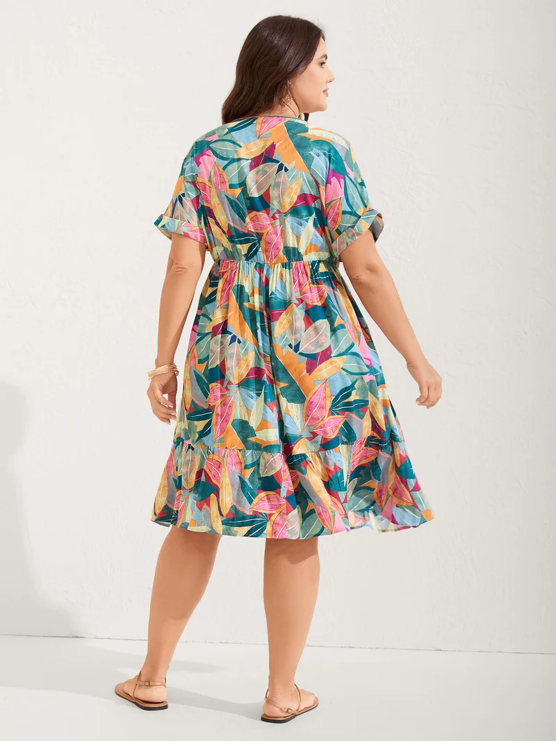 Rayon Leafy Print Pockets Midi Dress