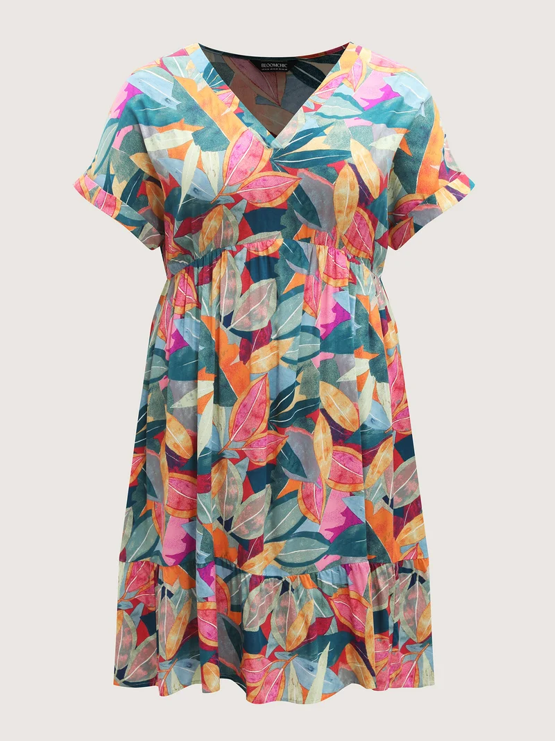 Rayon Leafy Print Pockets Midi Dress