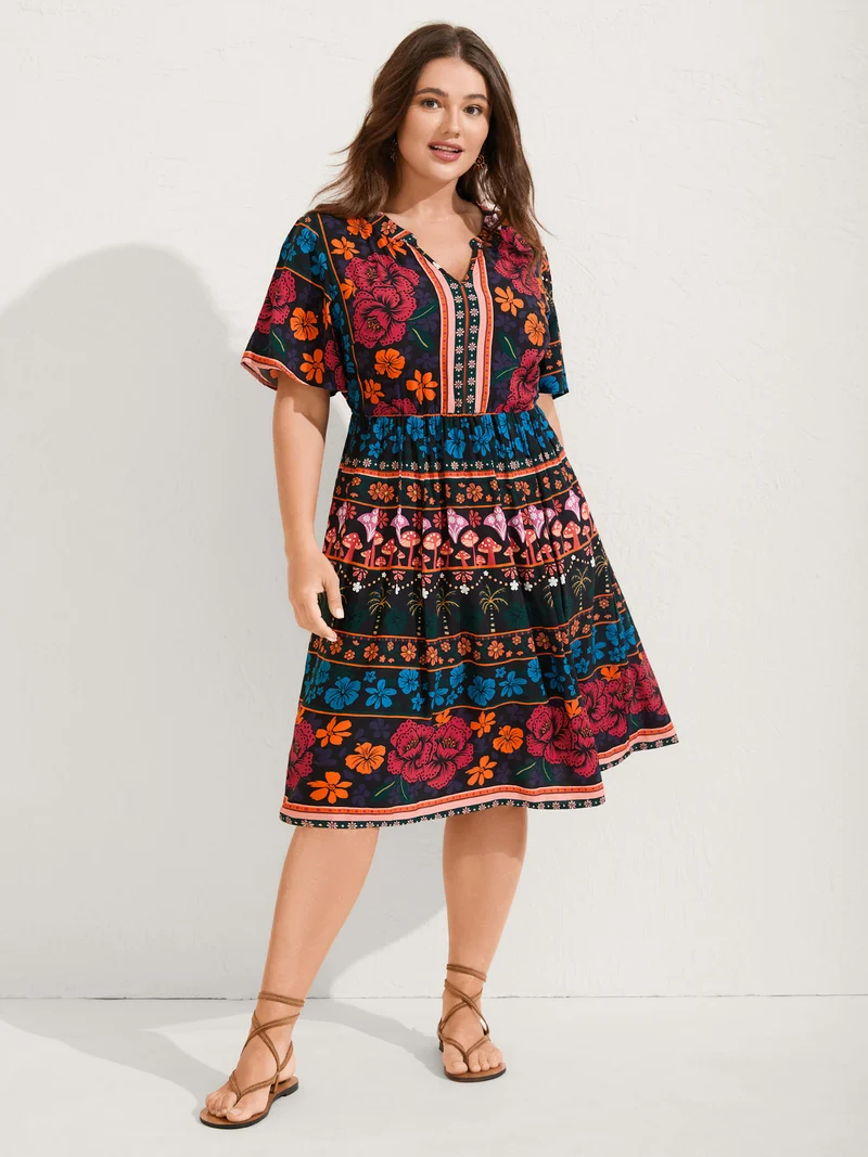 Boho Floral Print Notched Collar Midi Dress