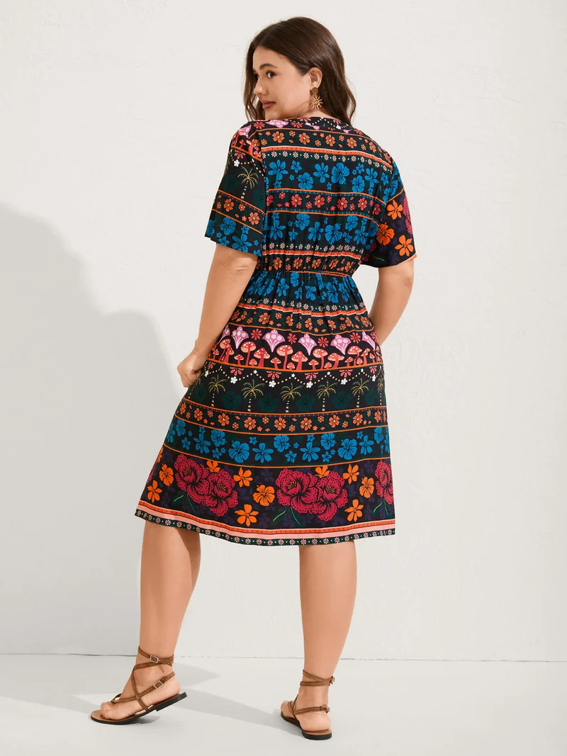 Boho Floral Print Notched Collar Midi Dress