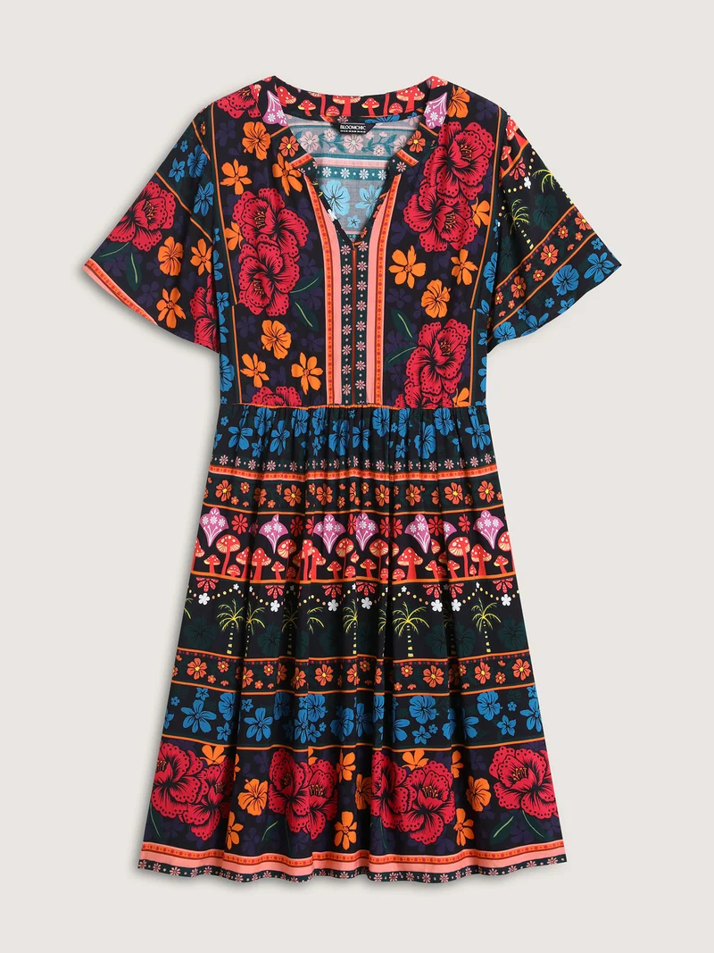 Boho Floral Print Notched Collar Midi Dress
