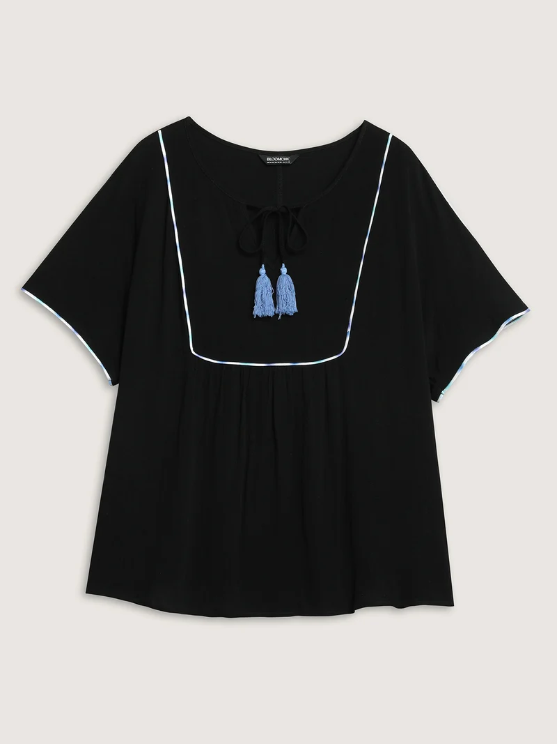 Textured Color Contrast Tassels Blouse