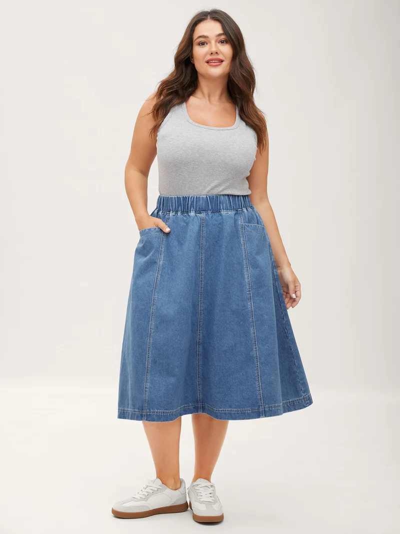 Stretchy Waistband Pockets Denim Skirt