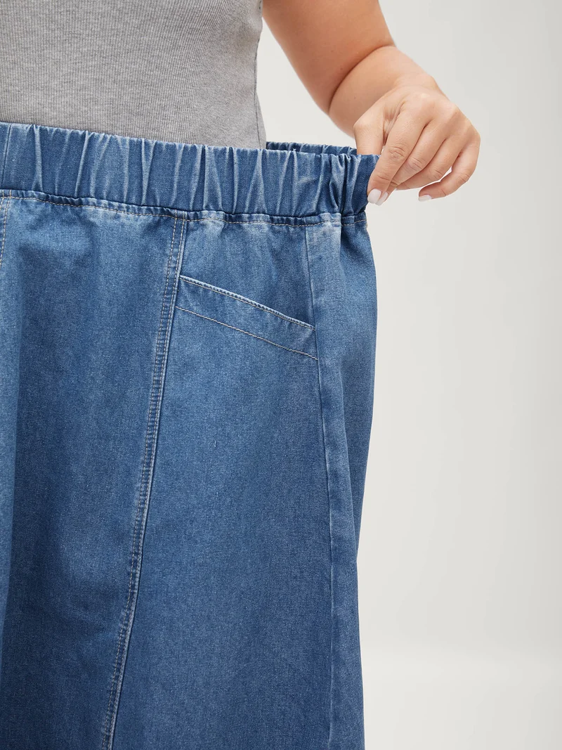 Stretchy Waistband Pockets Denim Skirt