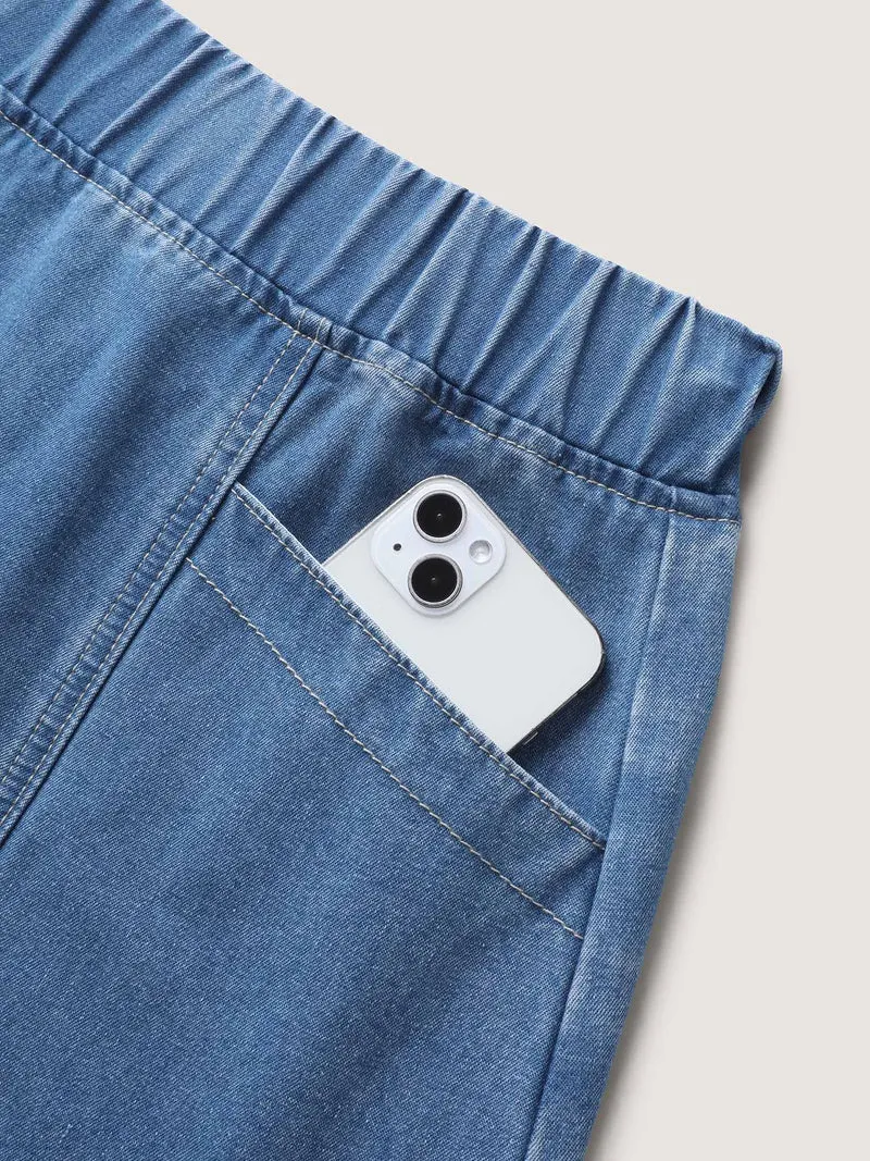 Stretchy Waistband Pockets Denim Skirt