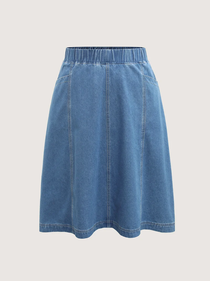 Stretchy Waistband Pockets Denim Skirt