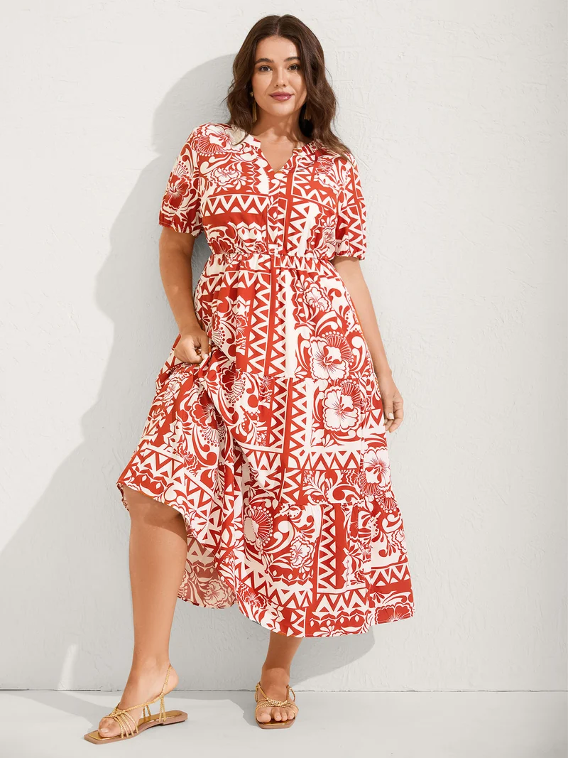 Geometric Print Notched Collar Maxi Dress