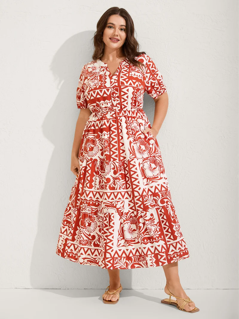 Geometric Print Notched Collar Maxi Dress