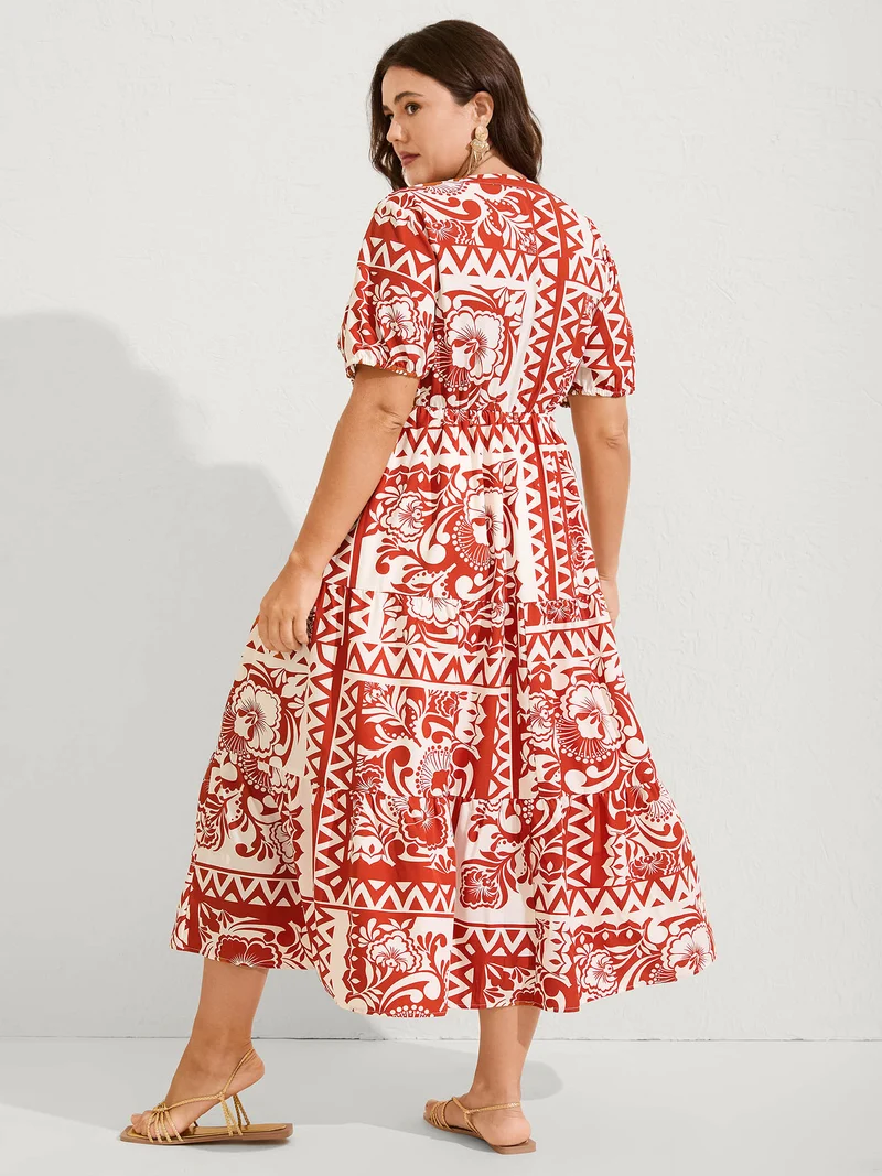 Geometric Print Notched Collar Maxi Dress