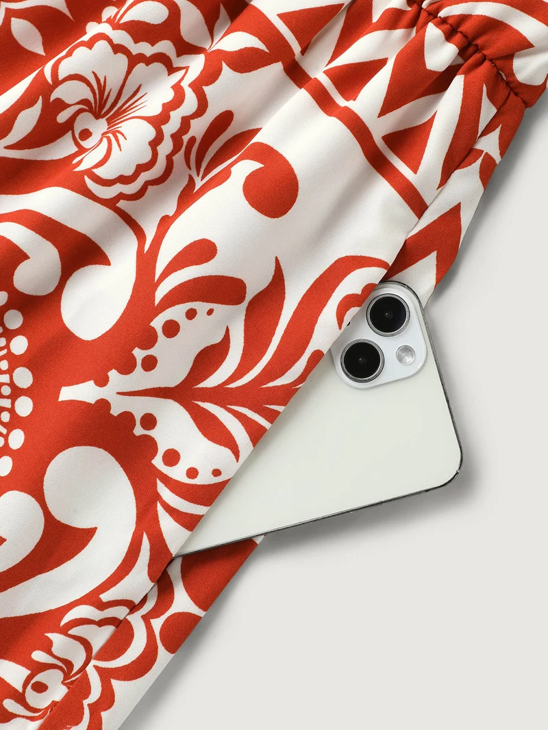 Geometric Print Notched Collar Maxi Dress