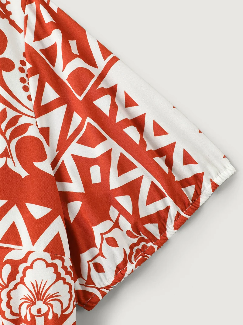 Geometric Print Notched Collar Maxi Dress