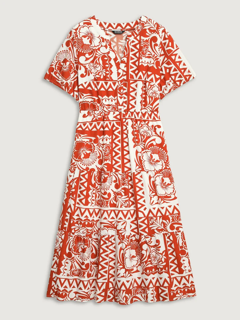 Geometric Print Notched Collar Maxi Dress