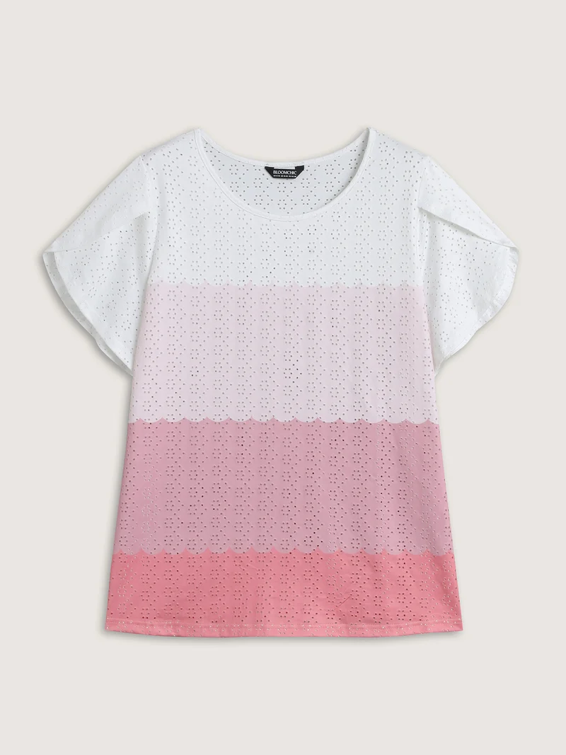 Eyelet Trim Color Block Stretchy T-Shirt