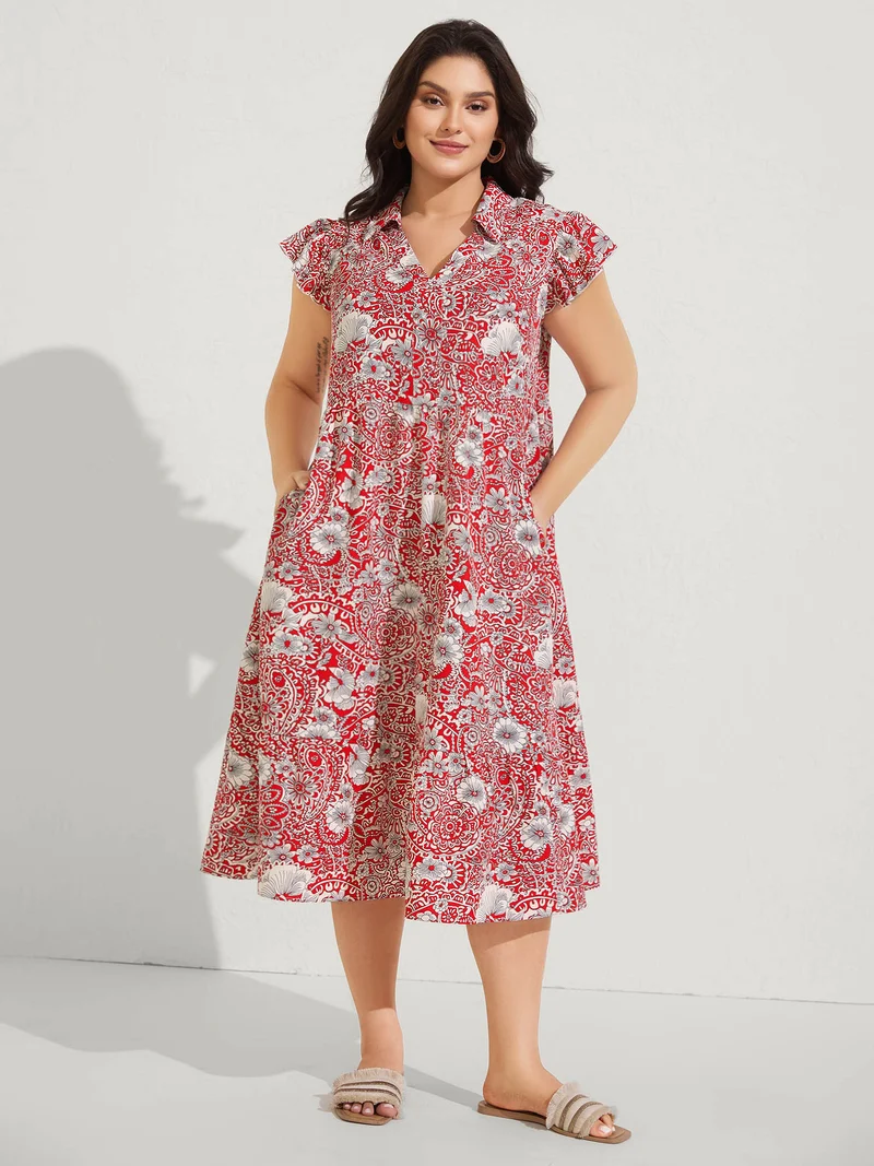 Paisley Print Collar Flutter Sleeve Midi Dress