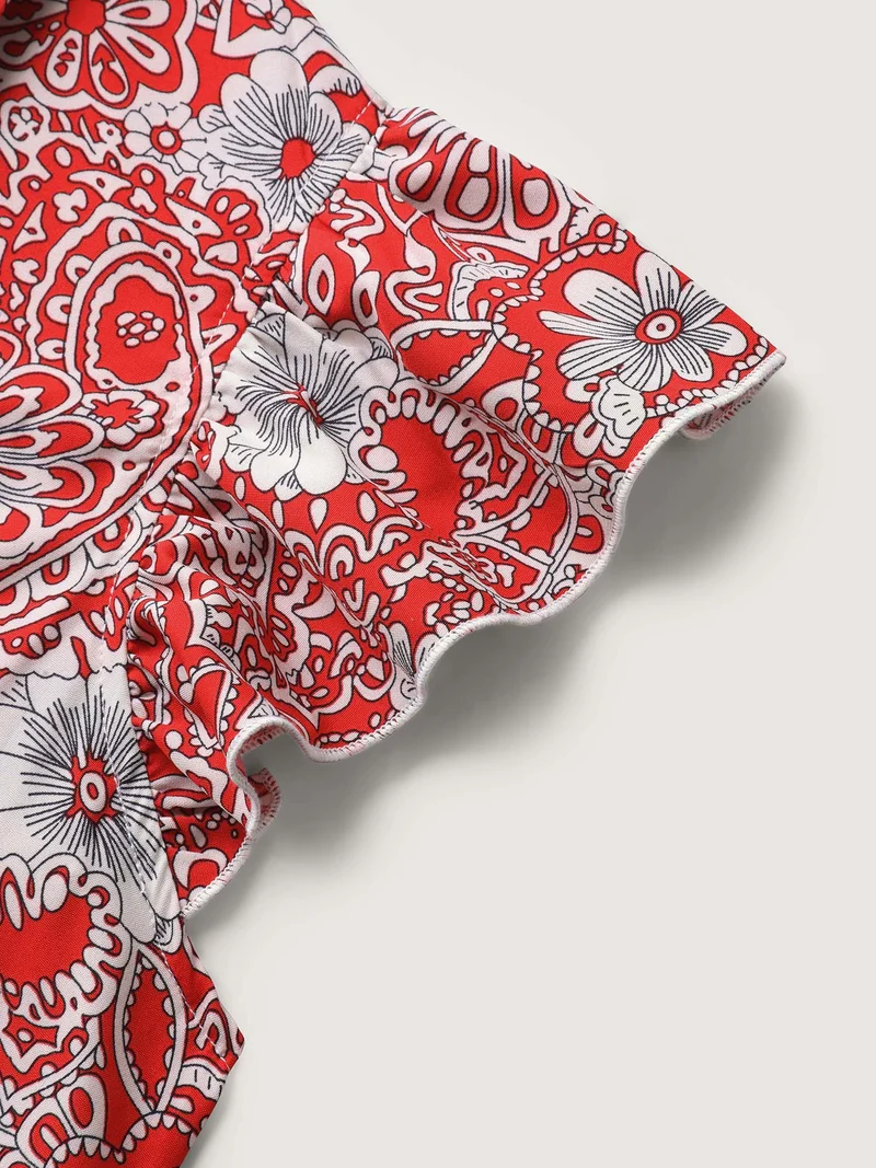 Paisley Print Collar Flutter Sleeve Midi Dress