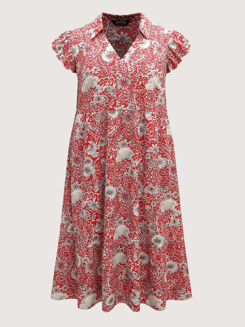 Paisley Print Collar Flutter Sleeve Midi Dress