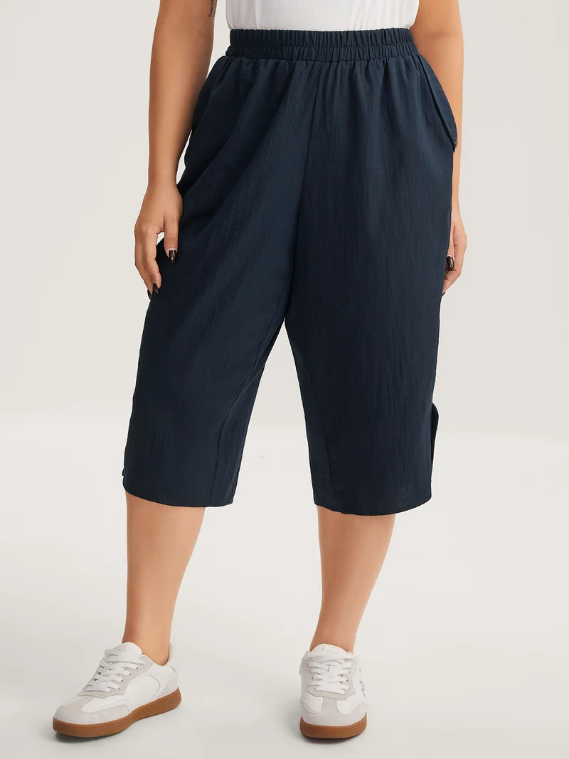 Button Hem Straight-Leg Crop Pants