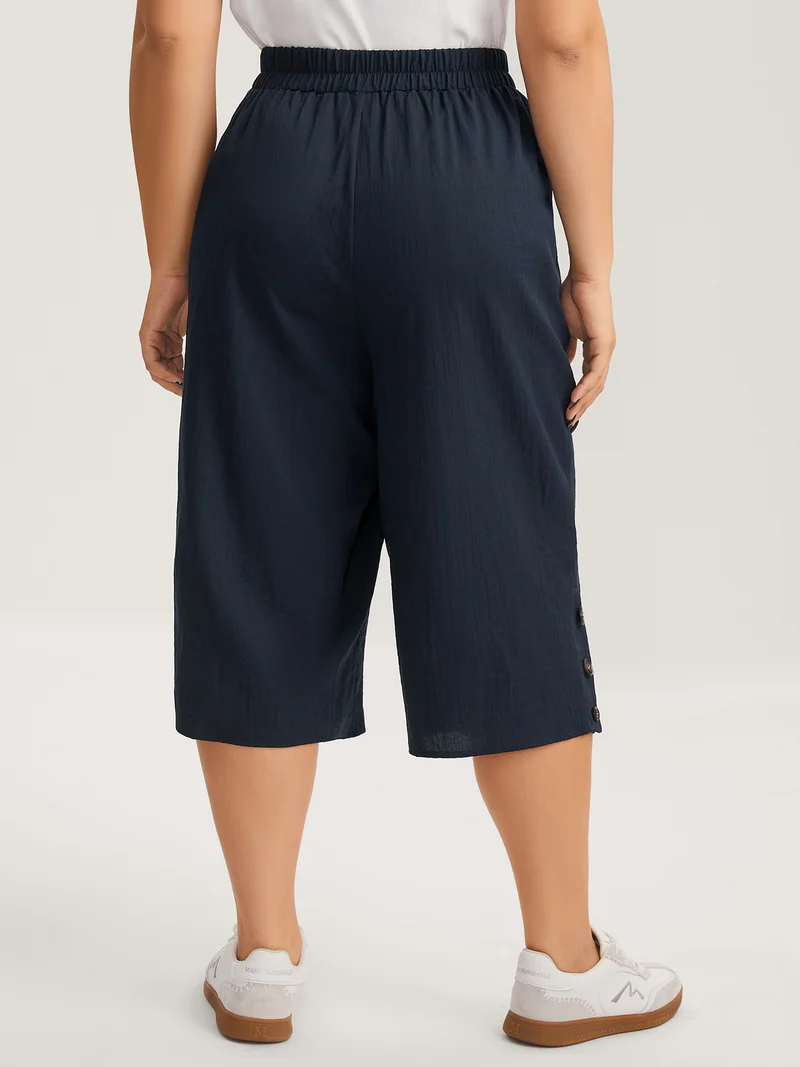 Button Hem Straight-Leg Crop Pants