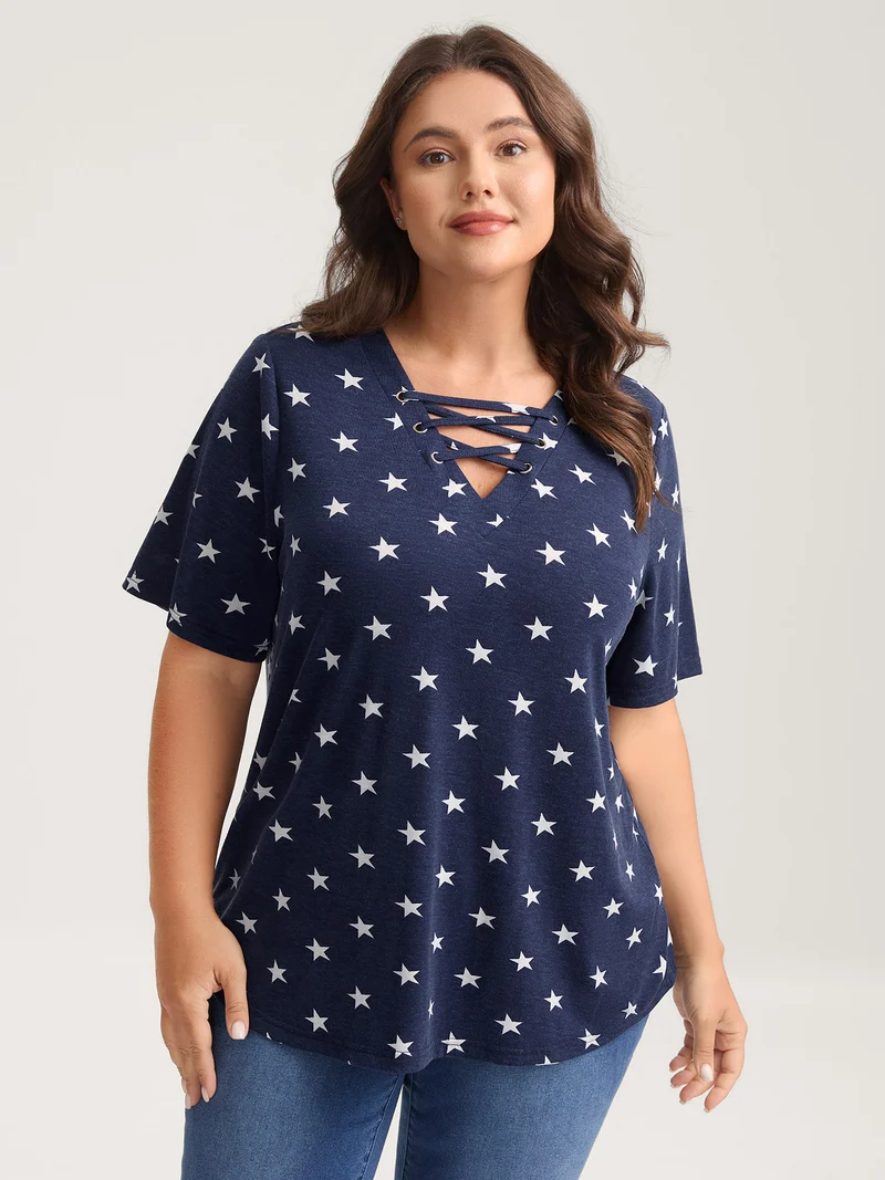 Star Print Crisscross Neck Tie T-Shirt