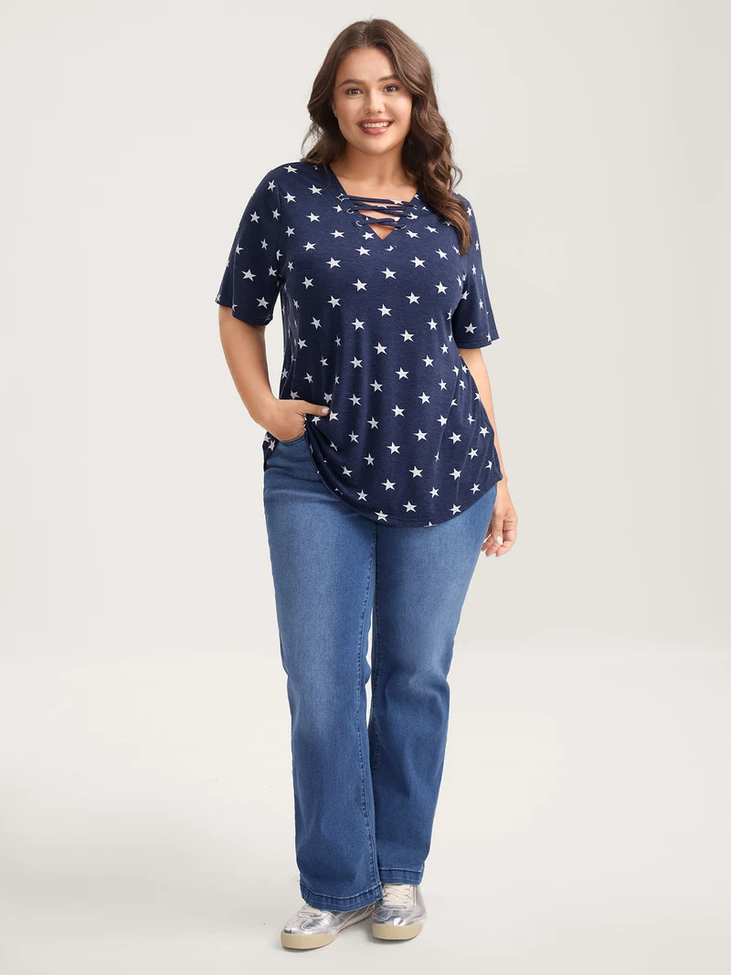 Star Print Crisscross Neck Tie T-Shirt
