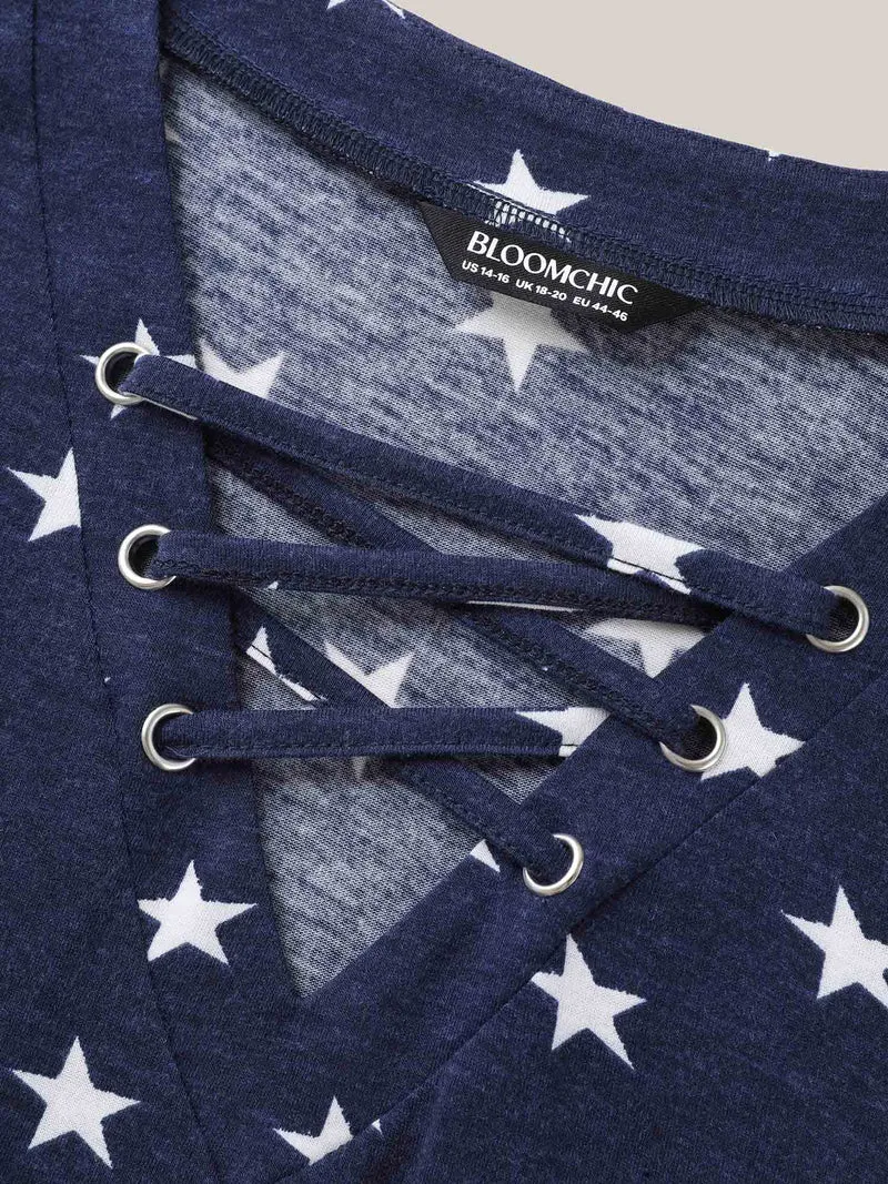 Star Print Crisscross Neck Tie T-Shirt