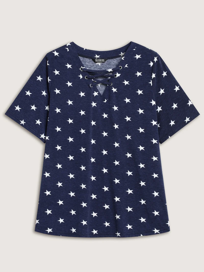 Star Print Crisscross Neck Tie T-Shirt