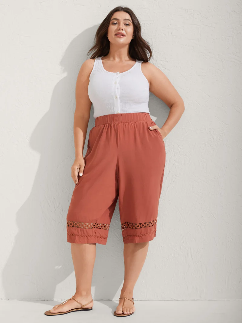 Lace Trim Plain Straight-Leg Pants