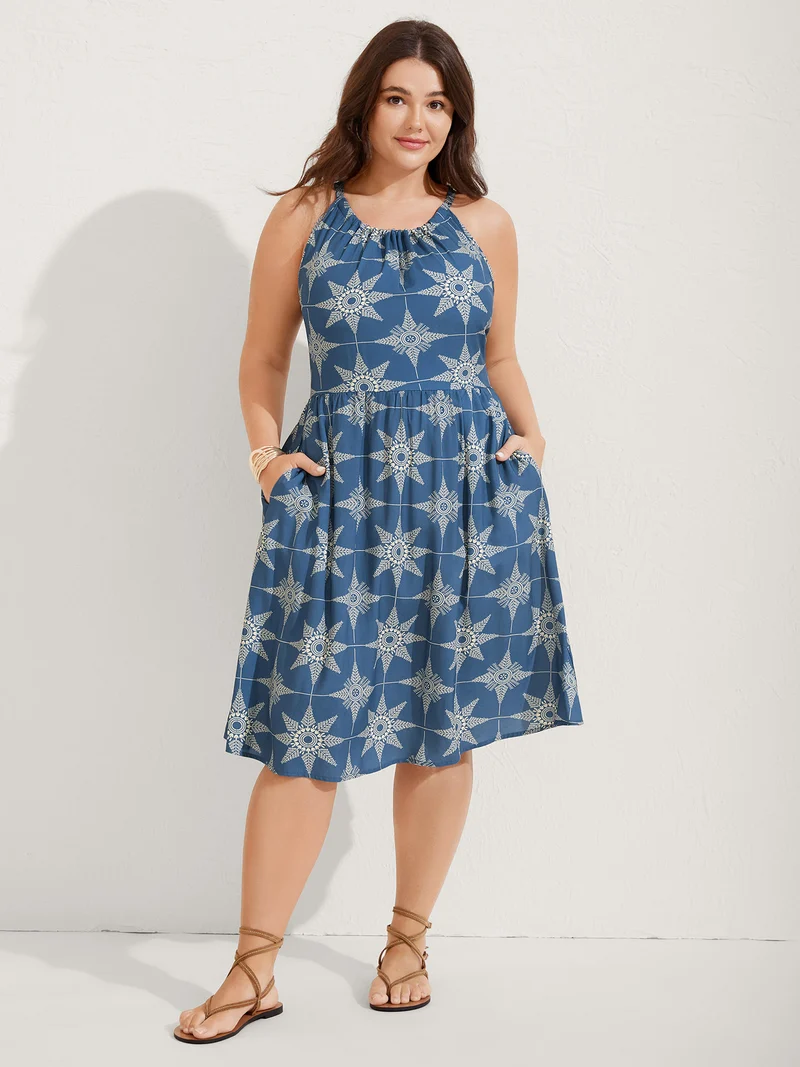 Starry Print Sleeveless Pockets Midi Dress
