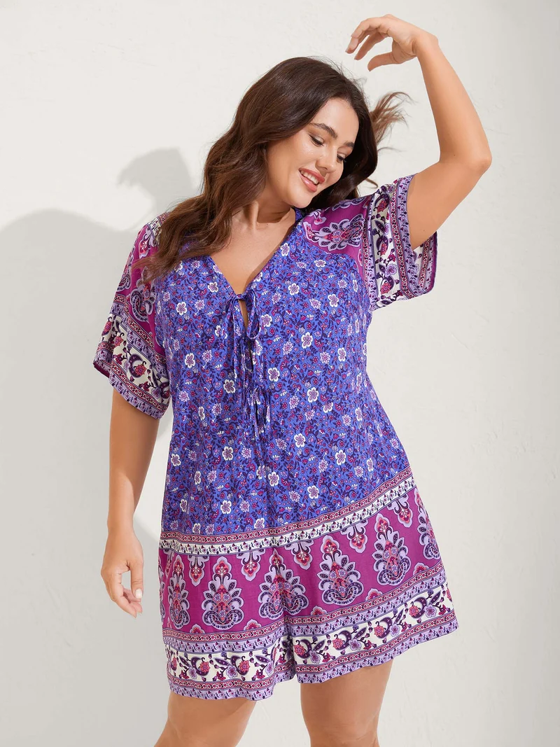 Boho Print Tie Front Breezy Romper