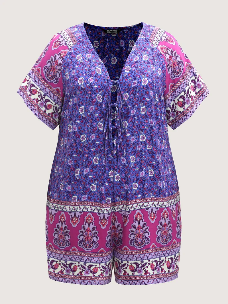 Boho Print Tie Front Breezy Romper