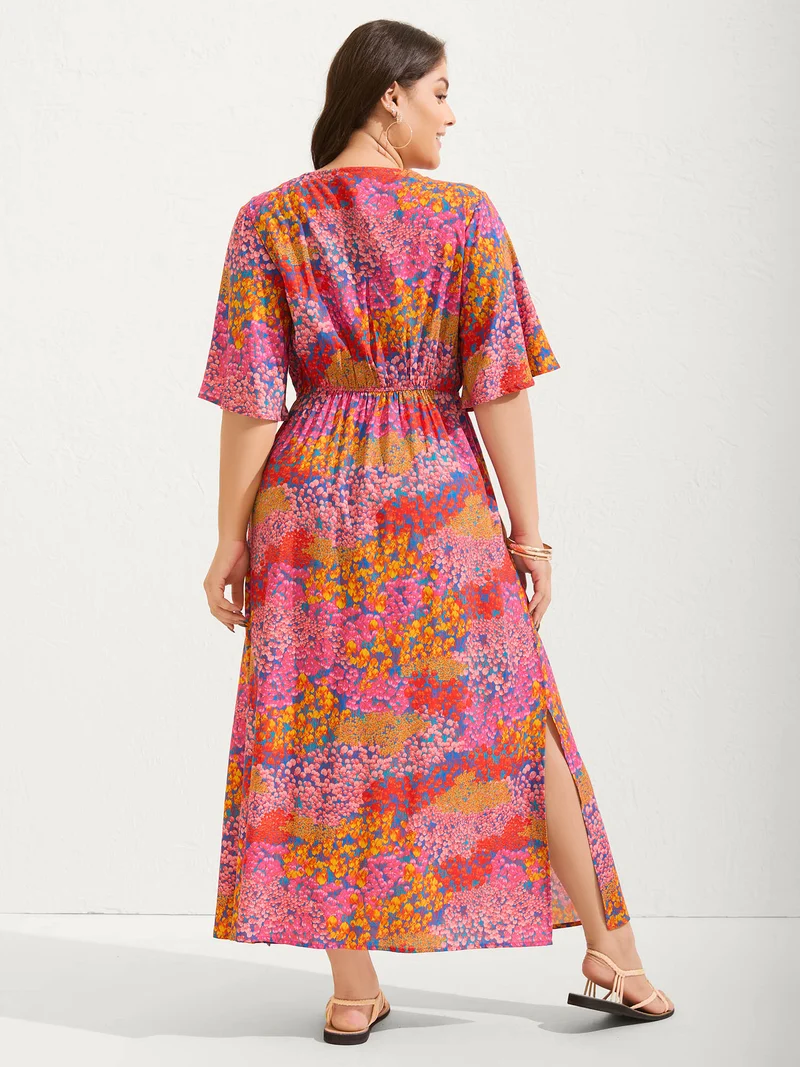 Floral Lace Trim Flowy Sleeve Midi Dress