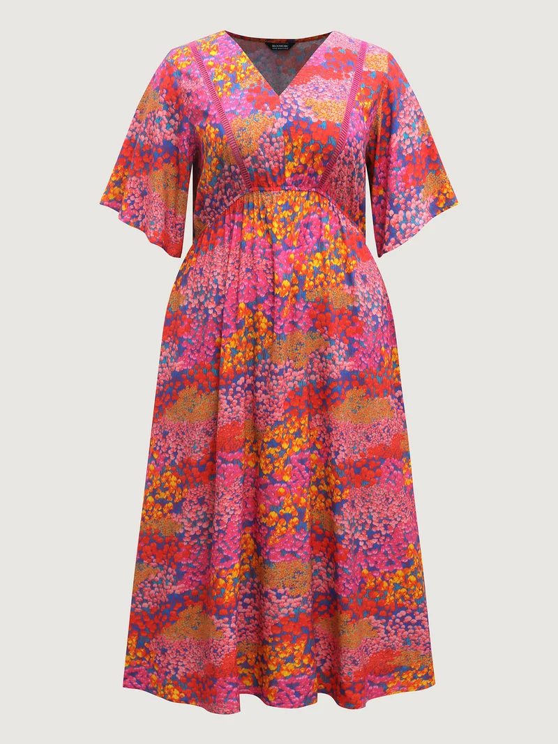 Floral Lace Trim Flowy Sleeve Midi Dress