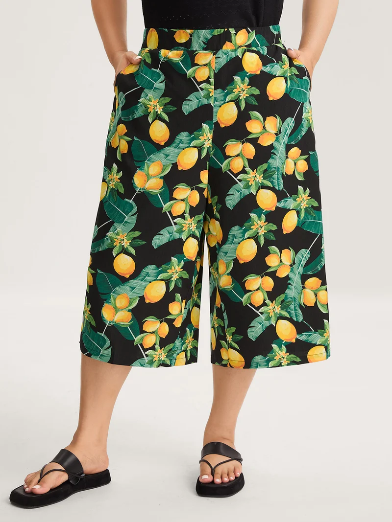 Citrus Print Wide-Leg Pants