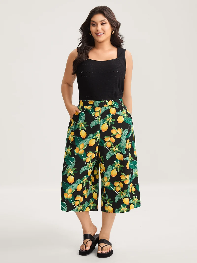 Citrus Print Wide-Leg Pants